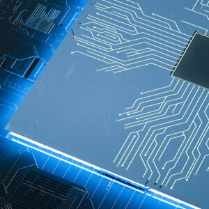 Futuristic Blue Microchip and Circuit Board Rendering