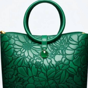 Emerald Green Embossed Floral Tote with Circular Ring Handle