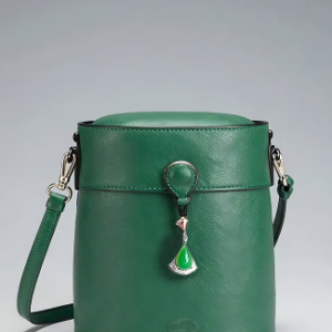 Forest Green Cylindrical Bucket Bag with Teardrop Gemstone Charm
