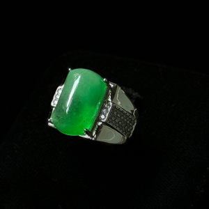 Green Rectangle Cabochon Ring with Crystal-Accented Wide Band