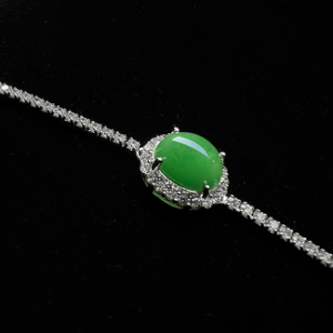 Green Oval Cabochon Bracelet with Crystal Halo and Tennis-Style Chain