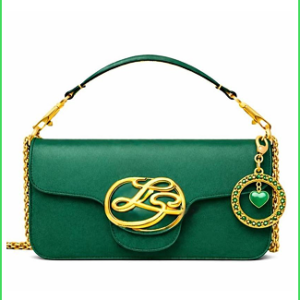 Elegant Emerald Green Bag with Signature Gold Emblem and Heart Charm