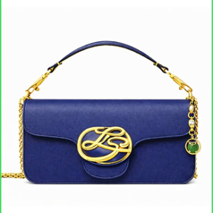 Royal Blue Saffiano Bag with Gold Signature Emblem and Gemstone Charm